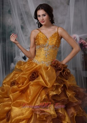 Brown Ball Gown Straps Organza Beading Quinceanera Dress